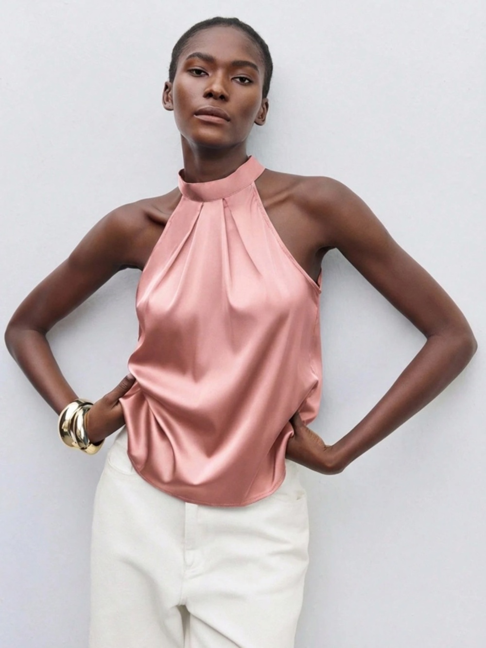 Pink Satin Halter Blouse Top